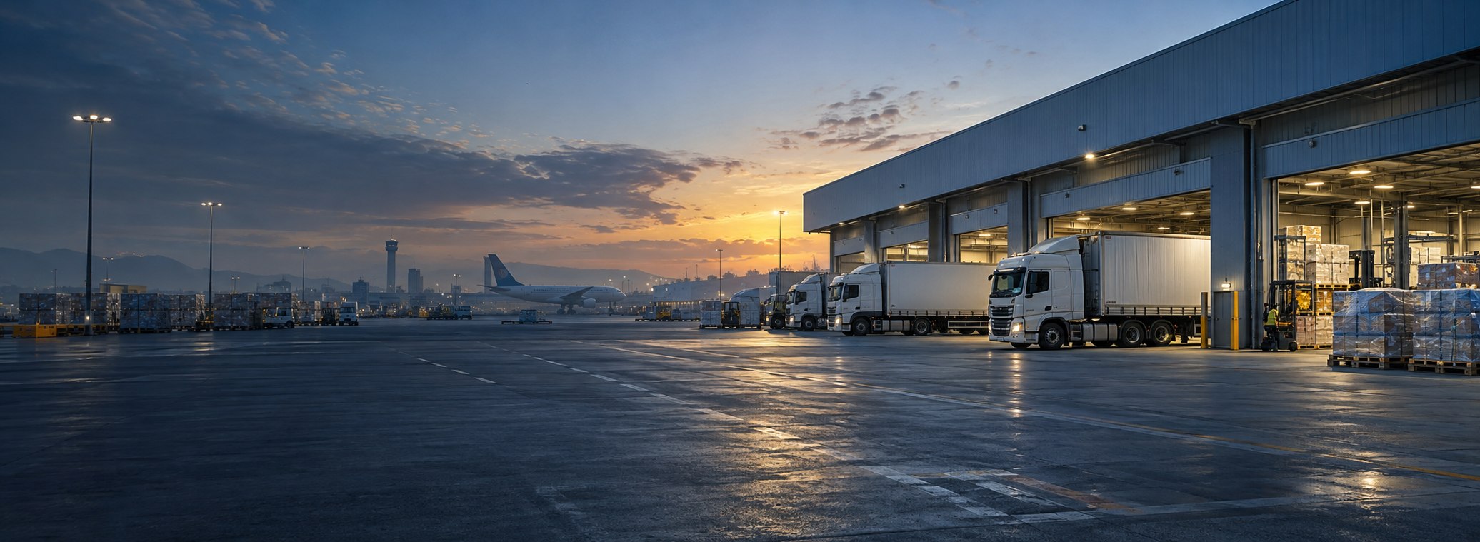 Illustrative view of an international cargo terminal at dawn
