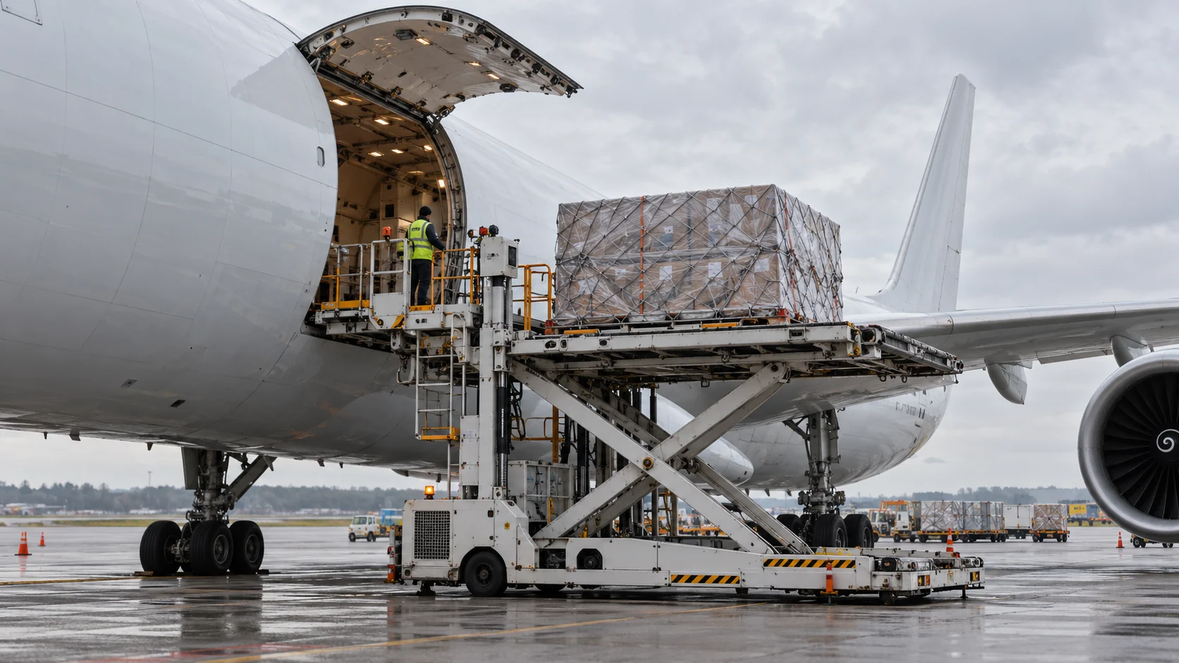 Illustrative cargo aircraft loading freight