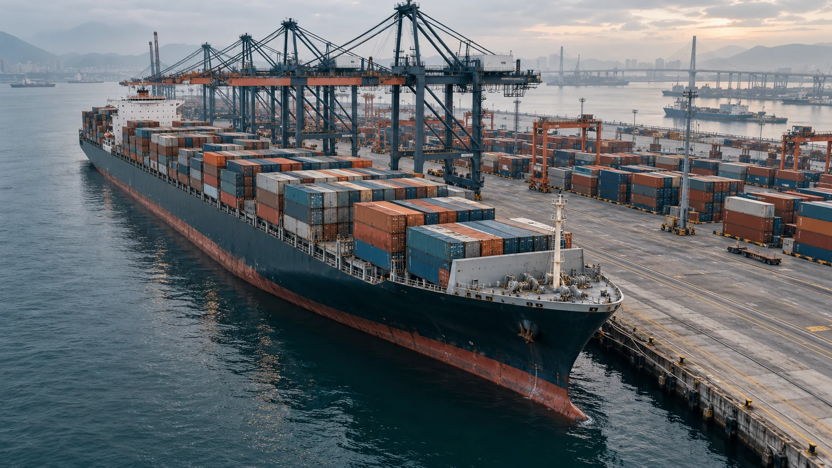 Illustrative aerial view of container freight at a port